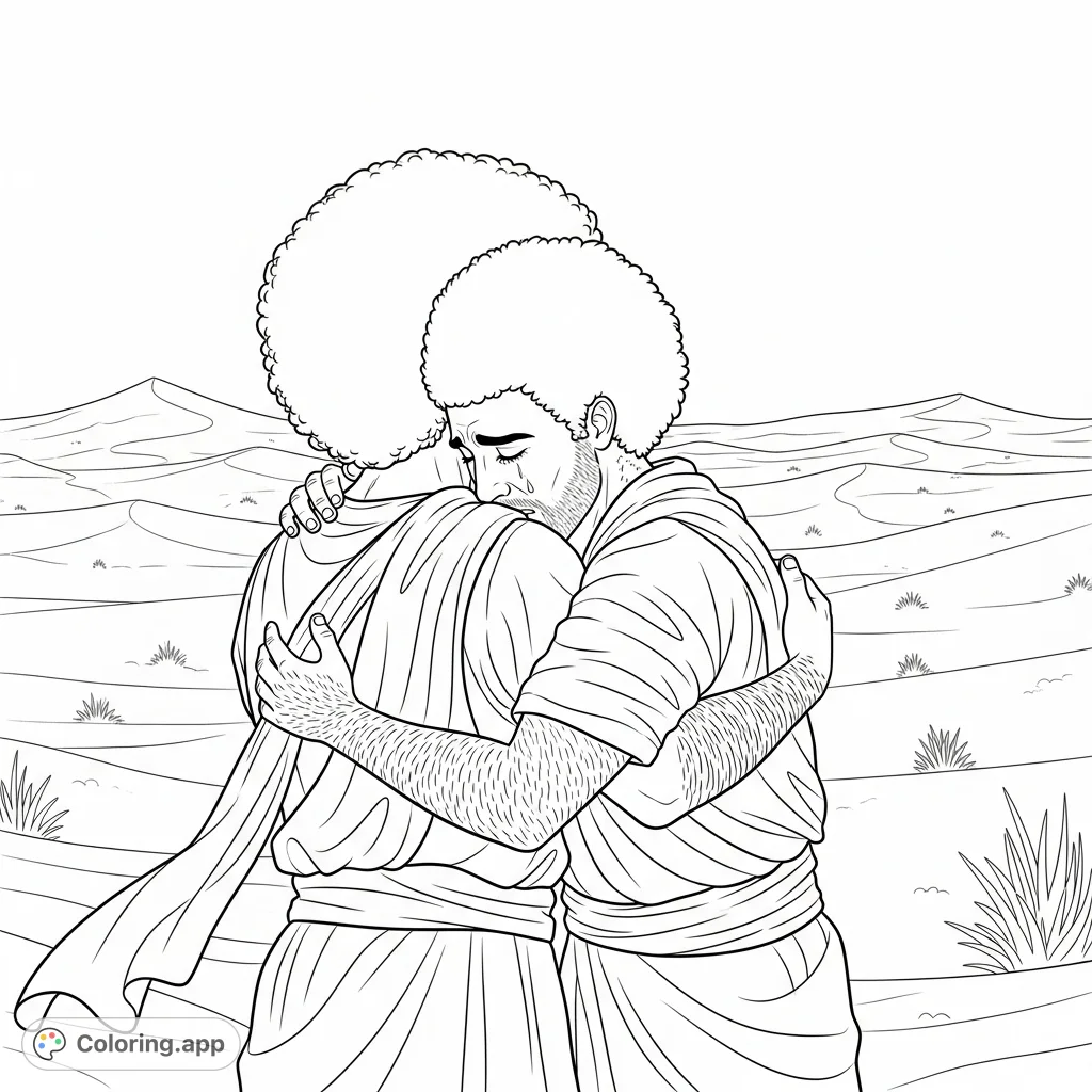 Experience a powerful desert reunion coloring page featuring Jacob embracing a crying man, both with Afros and wrapped cloth. A scene of deep emotion.