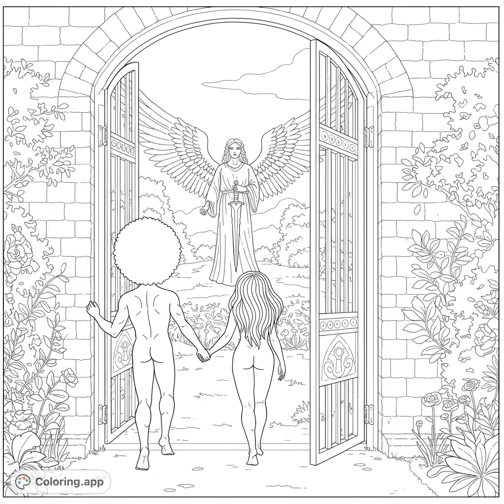 Witness Adam and Eve's poignant departure from a lush garden, guarded by an angel with expansive wings, into an unadorned world beyond the gate.