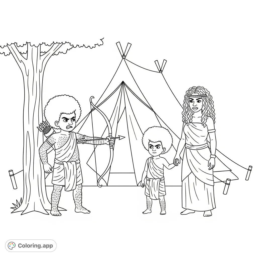 Explore a compelling family scene featuring twin boys, one with a bow and arrow, and their mother by a tent. A rich narrative awaits your colors.