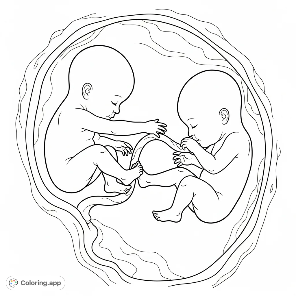 Explore a unique womb scene where one twin playfully pulls the other's feet. A fascinating depiction of early sibling interaction, perfect for a unique coloring experience.