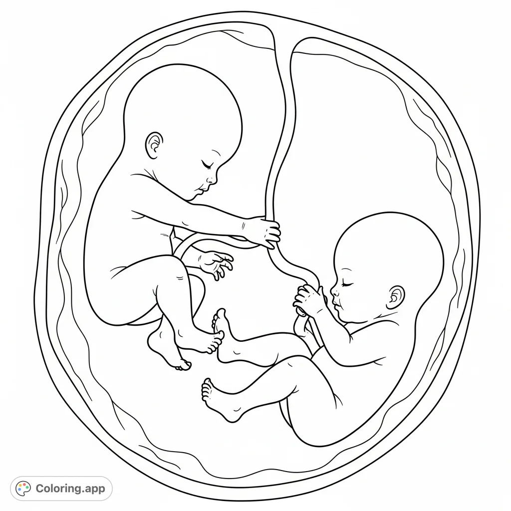 Explore a unique womb scene where one twin playfully pulls the other's feet. A fascinating depiction of early sibling interaction, perfect for a unique coloring experience.