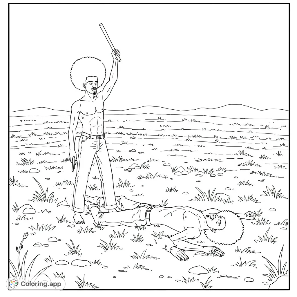 Explore a dramatic scene featuring two figures in a vast, open field with sparse vegetation and distant hills. A compelling narrative awaits your creative touch.