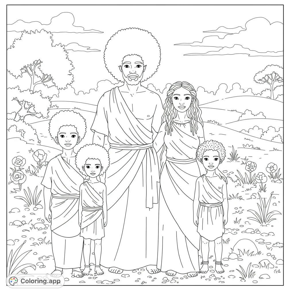 A unique biblical family coloring page featuring Adam, Eve, Cain, and Abel with distinct hairstyles and simple garments in an early world setting.