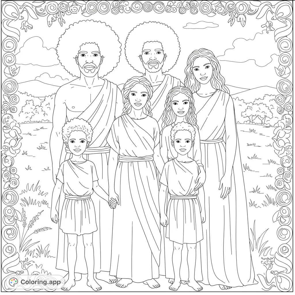 A heartwarming family portrait featuring Adam, Eve, Cain, and Abel, celebrating their bond with unique, textured hairstyles. Perfect for all ages.