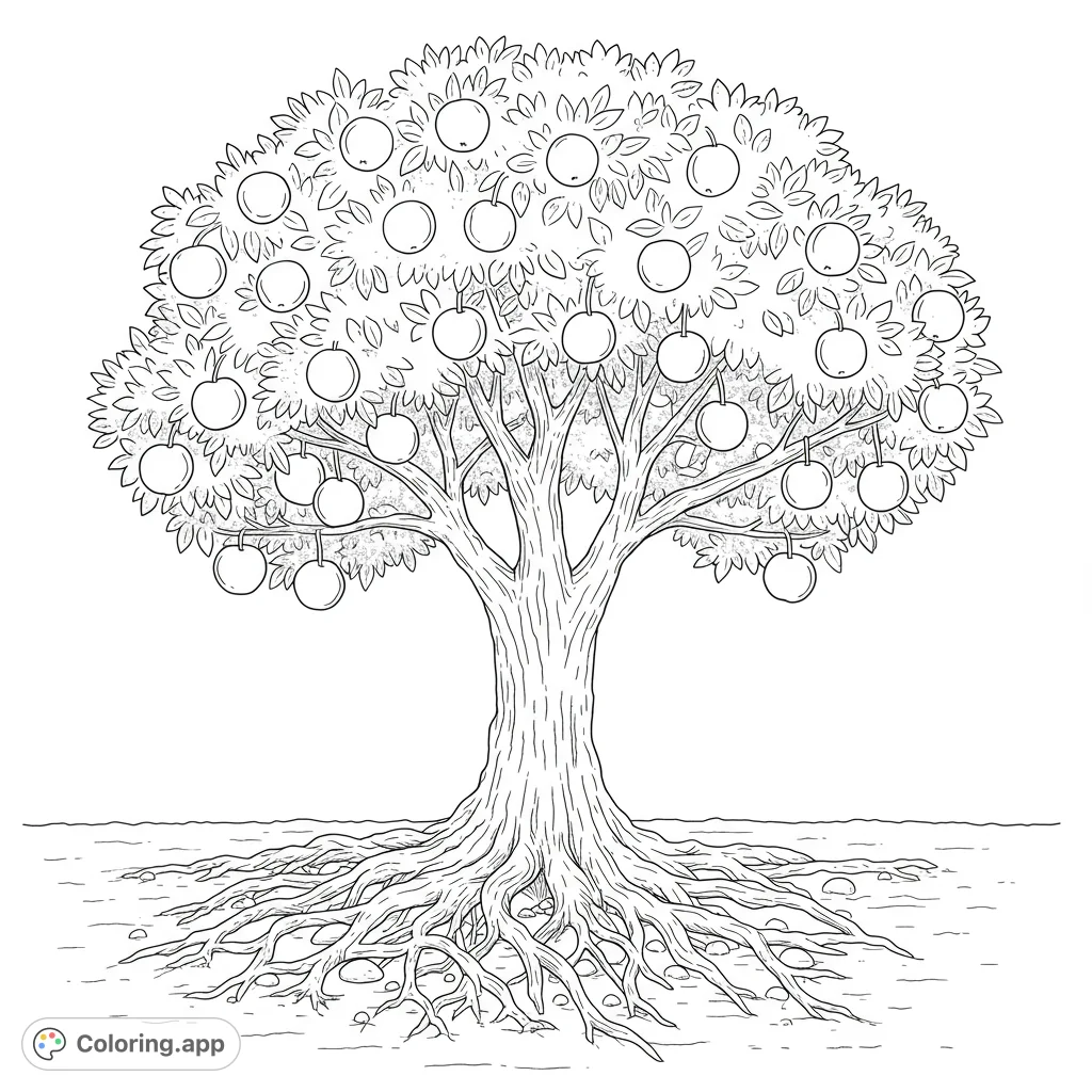 A majestic fruit tree with a bountiful canopy and intricate roots spreading underground, offering a delightful nature scene for coloring.