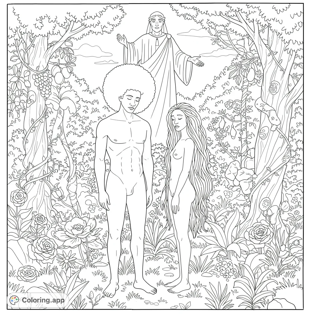 Explore a powerful biblical scene featuring Adam with an Afro and Eve with kinky hair, facing divine judgment in a lush Garden of Eden.