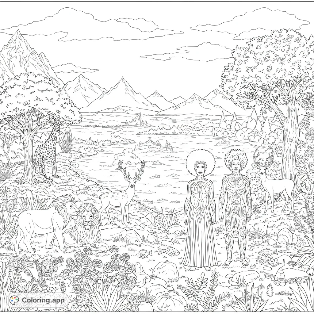 Explore a panoramic Earth coloring page featuring diverse landscapes, majestic animals, and the serene figures of Adam and Eve in a scene of pristine creation.