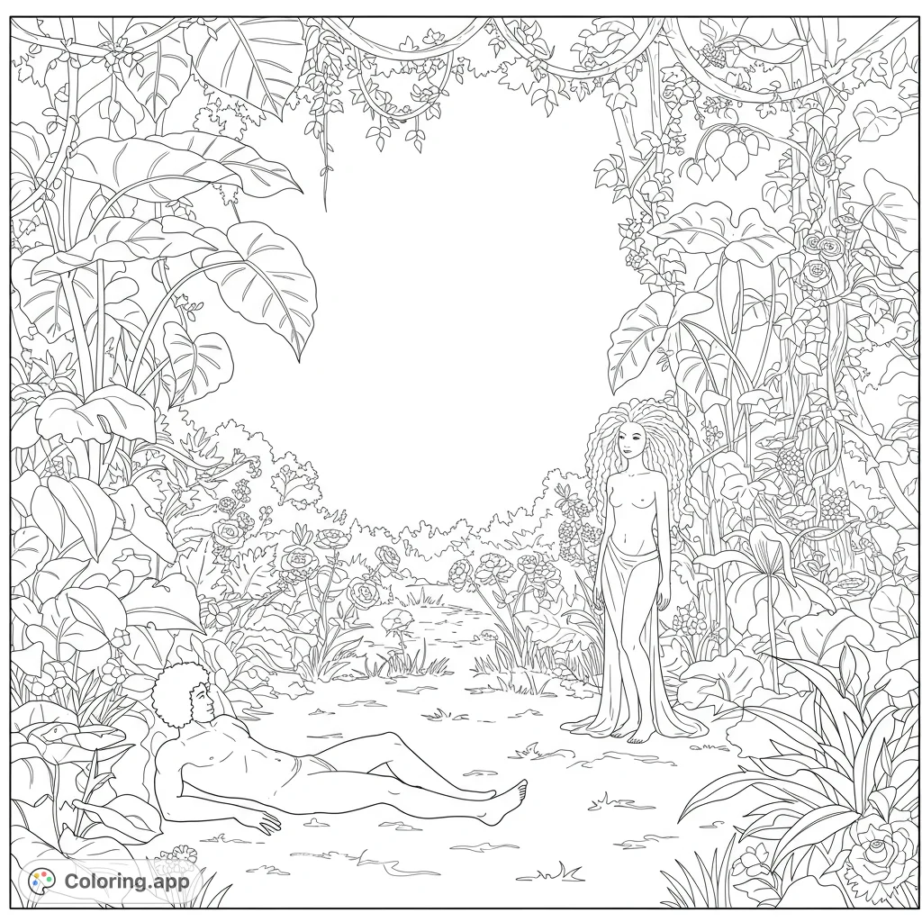 Explore the Garden of Eden with Adam and Eve amidst towering plants, enormous leaves, and winding vines. A detailed, free printable coloring page for adults.