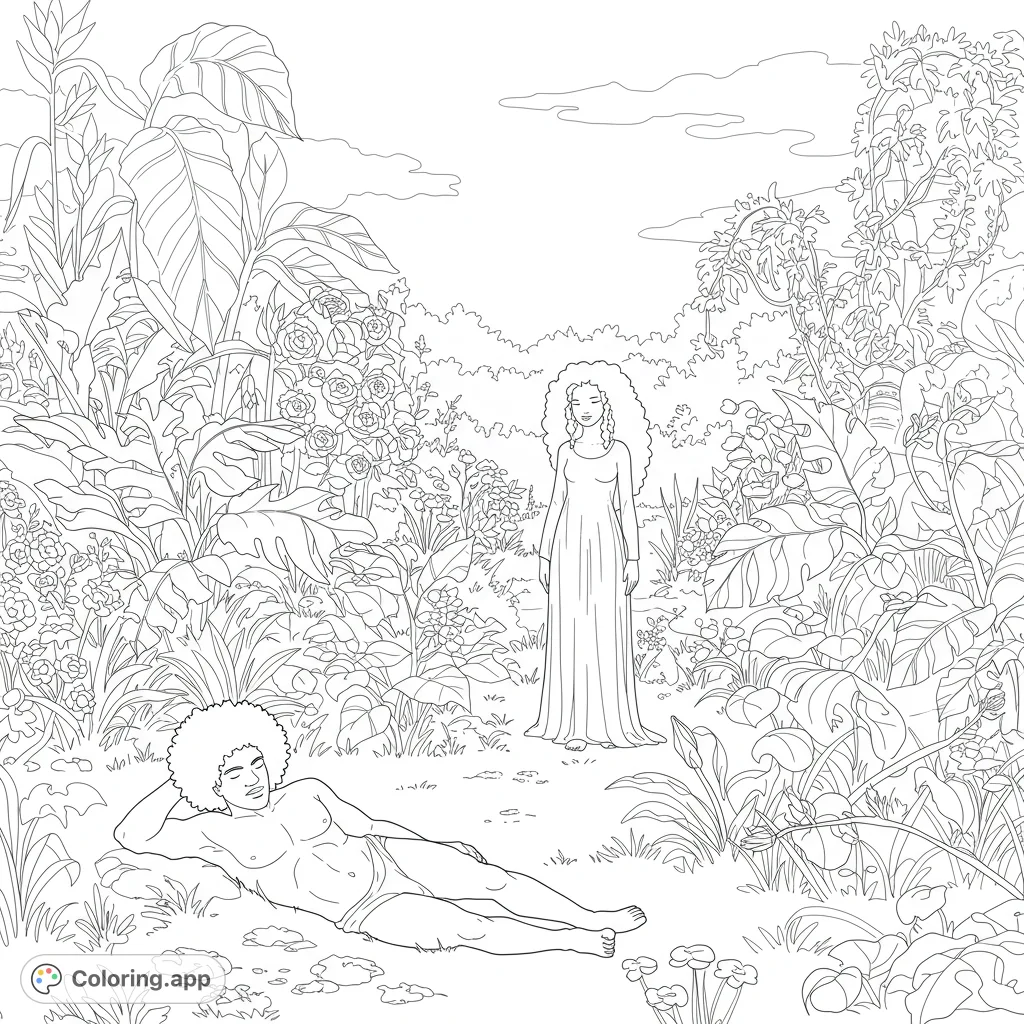 Explore a detailed Garden of Eden coloring page featuring Adam and Eve amidst towering plants, veined leaves, and winding vines. A challenging and rewarding design.