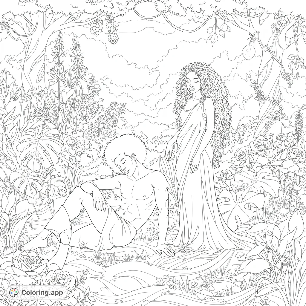 Discover Adam and Eve in a lush Garden of Eden, surrounded by abundant plants and fruit trees. A peaceful, detailed scene for creative coloring.