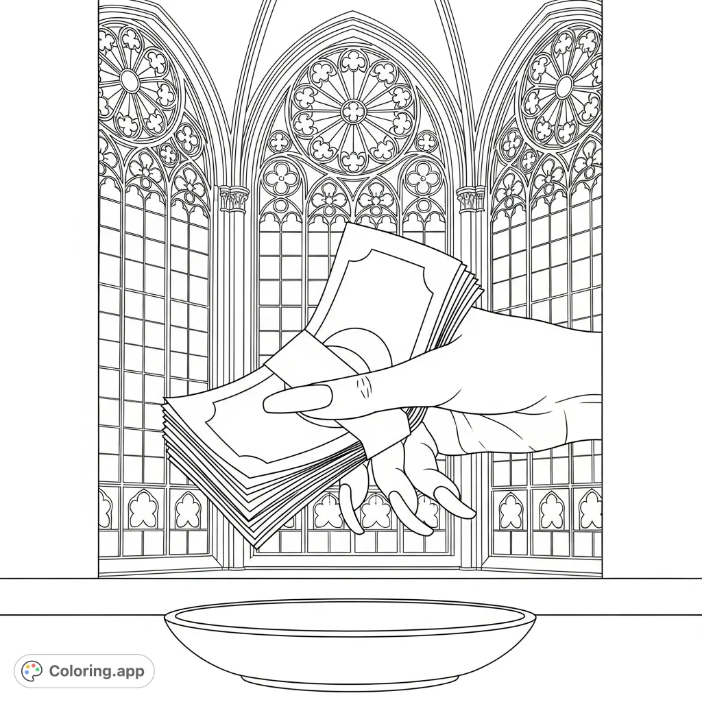 A thoughtful scene featuring a female hand with long nails holding cash over an offering plate on a table, set against a beautiful church window. Perfect for reflection and creativity.