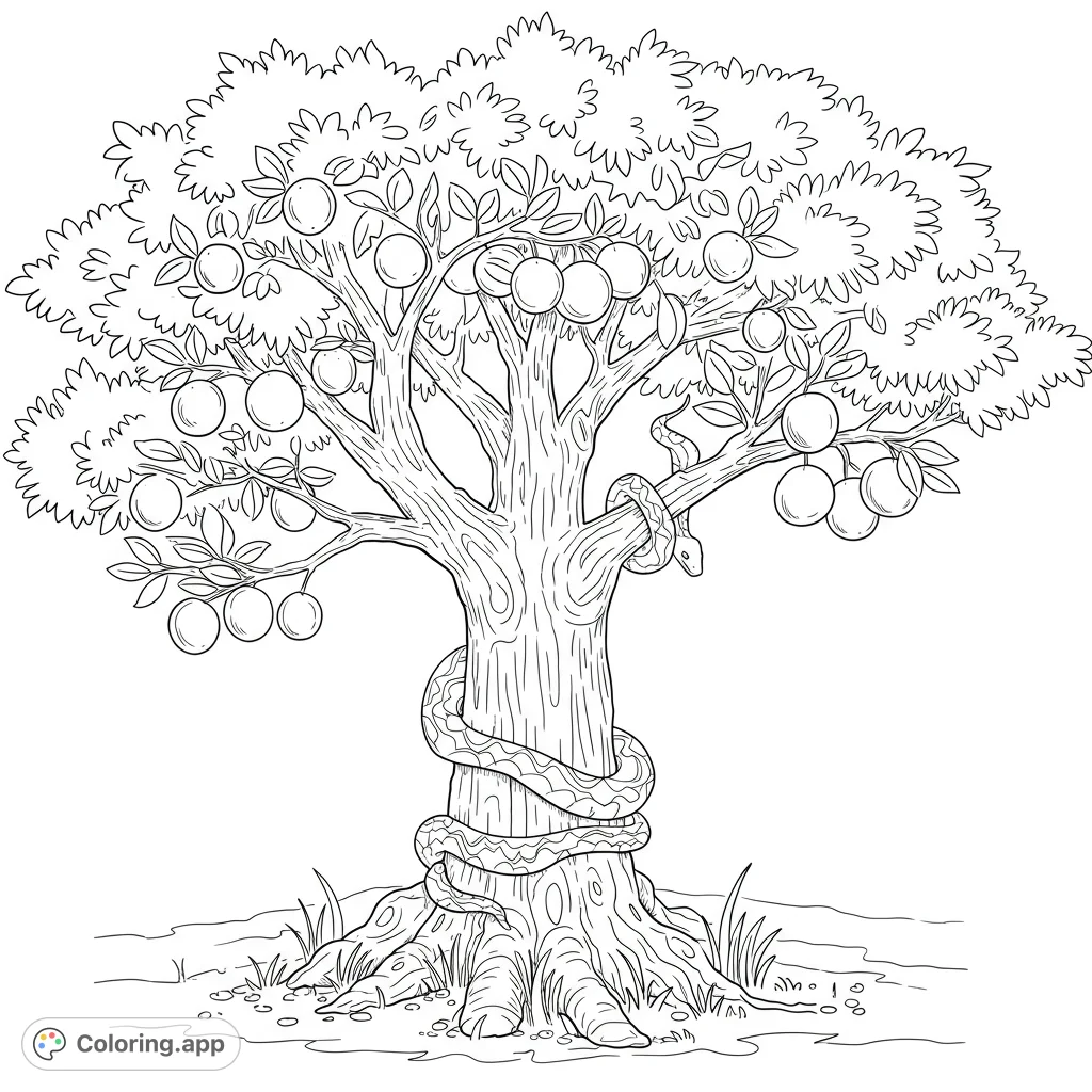 Explore a detailed tree with a coiled snake and hanging fruit. A captivating nature scene perfect for creative expression and relaxation.