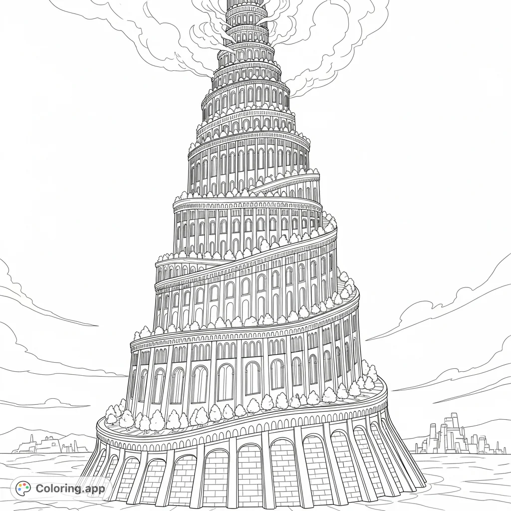 Color a magnificent, spiraling Tower of Babel, featuring intricate architectural details, tiered levels, and a vast ancient landscape. A challenging historical design.