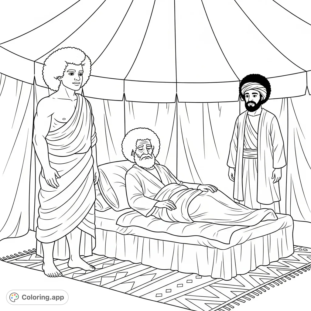 A powerful Isaac stands beside an old Abraham resting in a tent, joined by another figure, all with Afros and wrapped cloth, in this unique biblical scene.