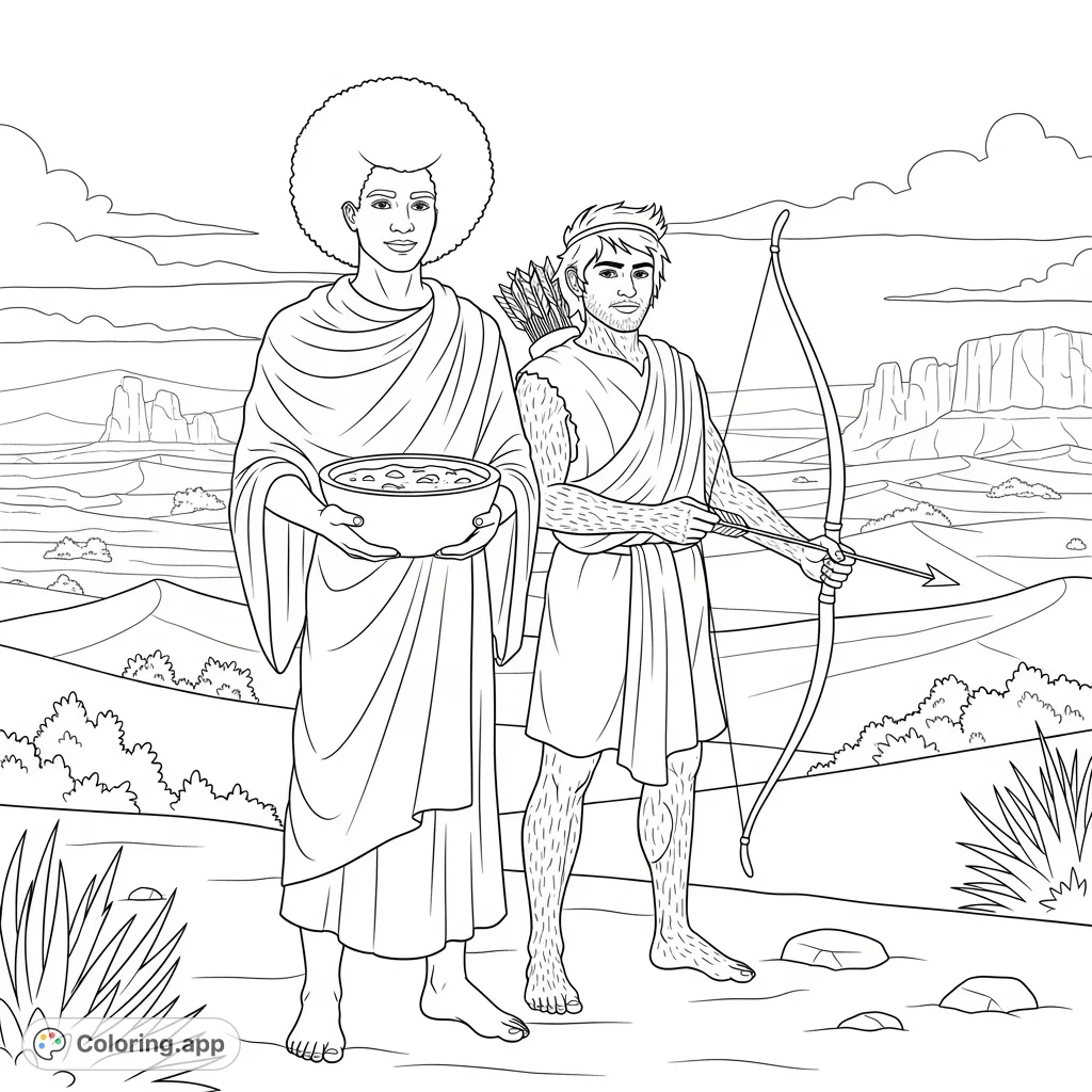 Explore the ancient story of Jacob and Esau in a detailed desert scene. Features two brothers with Afros, wrapped cloth, and iconic props.