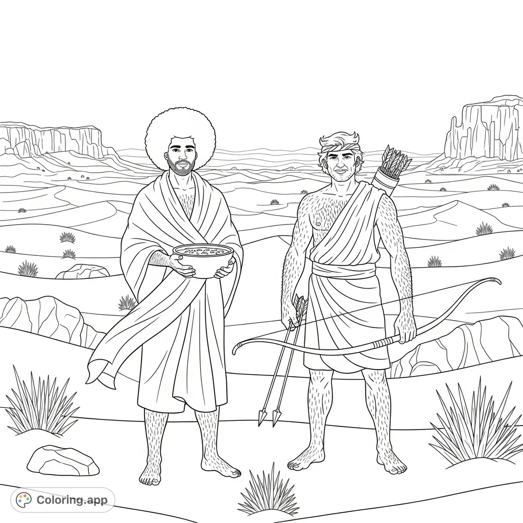 Explore the biblical story of Jacob and Esau in this detailed coloring page, featuring the brothers in a desert wilderness setting.