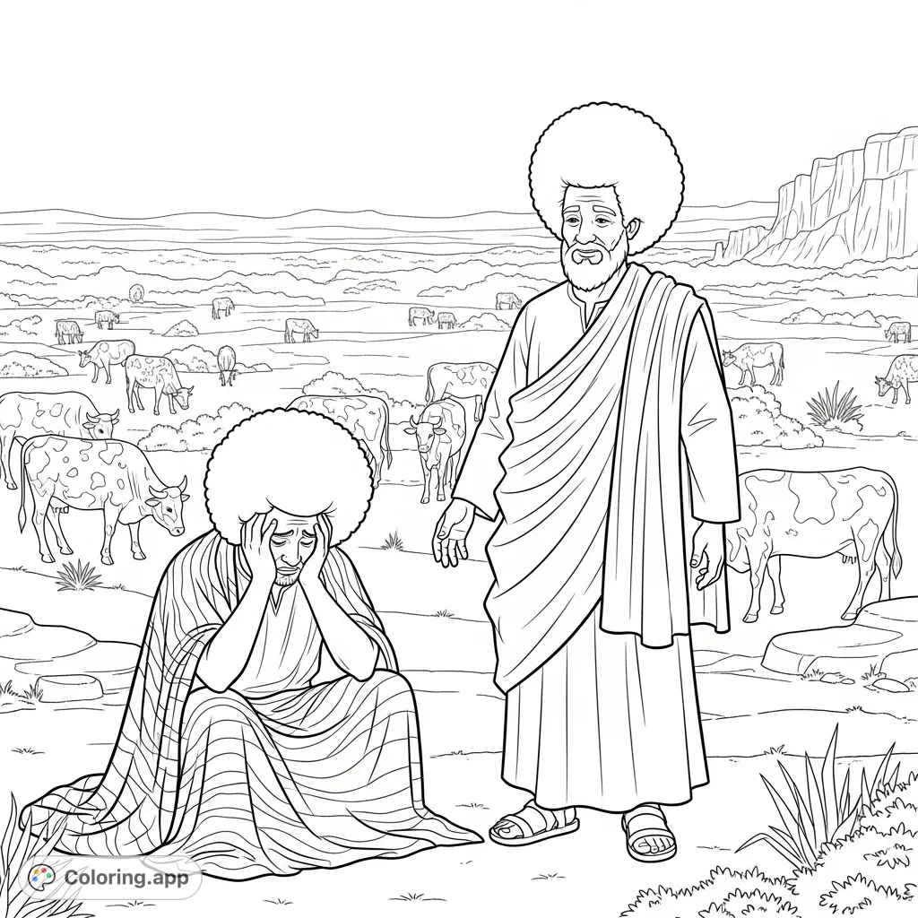 Color this biblical scene featuring Jacob in distress and Laban smiling, set against a wilderness and desert backdrop with cattle. A detailed free printable coloring page.