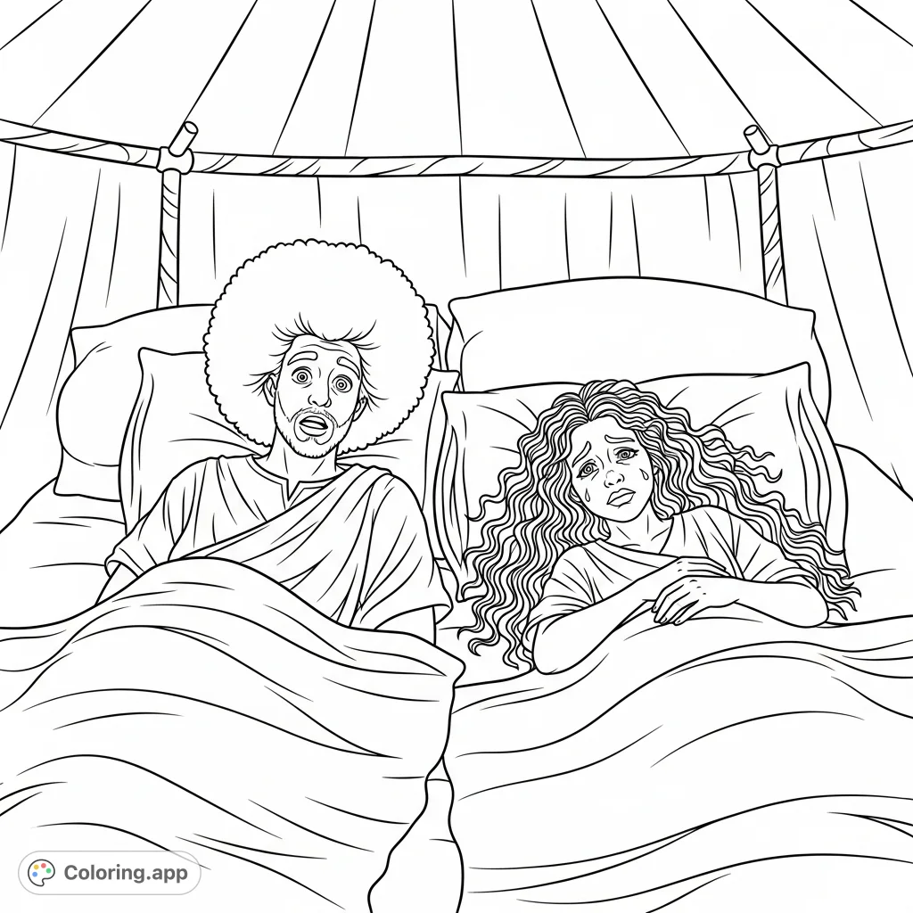 A tender scene depicting Jacob with a surprised expression and Leah with weak eyes, resting on blankets inside a tent. A historical and emotional moment.