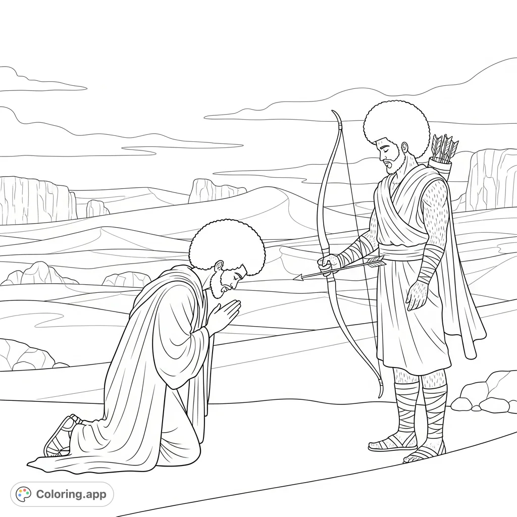 A powerful desert scene featuring Jacob bowing to a man with a bow and arrow, both with Afros and wrapped cloth. A detailed, free printable coloring page.