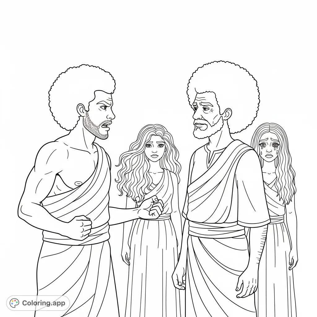 Explore a dramatic biblical scene featuring an angry Jacob confronting a smirking Laban, with Rachel and a distressed woman in the background.