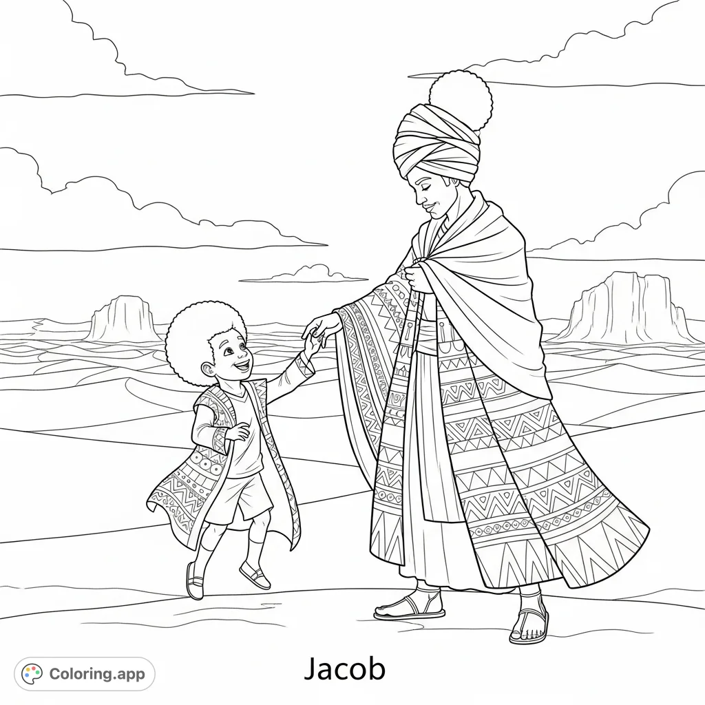 A heartwarming desert scene featuring Jacob giving a patterned coat to a joyful boy. A free printable desert scene coloring page for all ages.