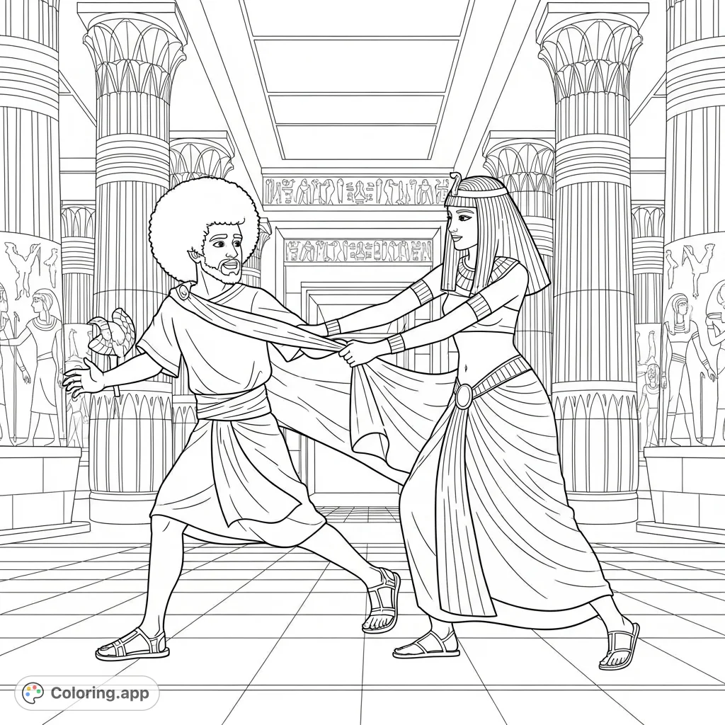 A dramatic Joseph coloring page depicting Joseph with an Afro, fleeing an Egyptian woman in an ancient palace, perfect for historical and biblical themes.