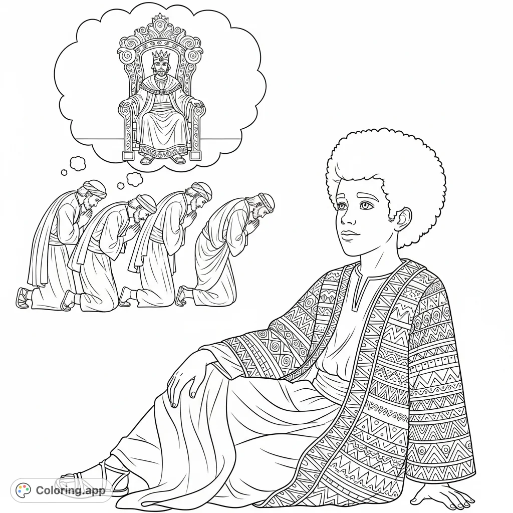 A young Joseph with an Afro, dressed in a patterned coat, dreams of sitting on a grand throne while his four brothers bow before him.