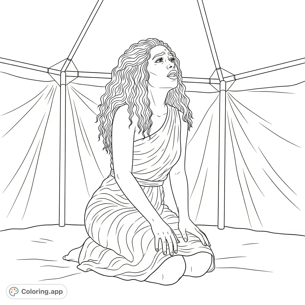 A woman with long kinky hair, dressed in a wrapped dress, kneels inside a tent, looking up with a distressed expression. A dramatic and expressive scene.