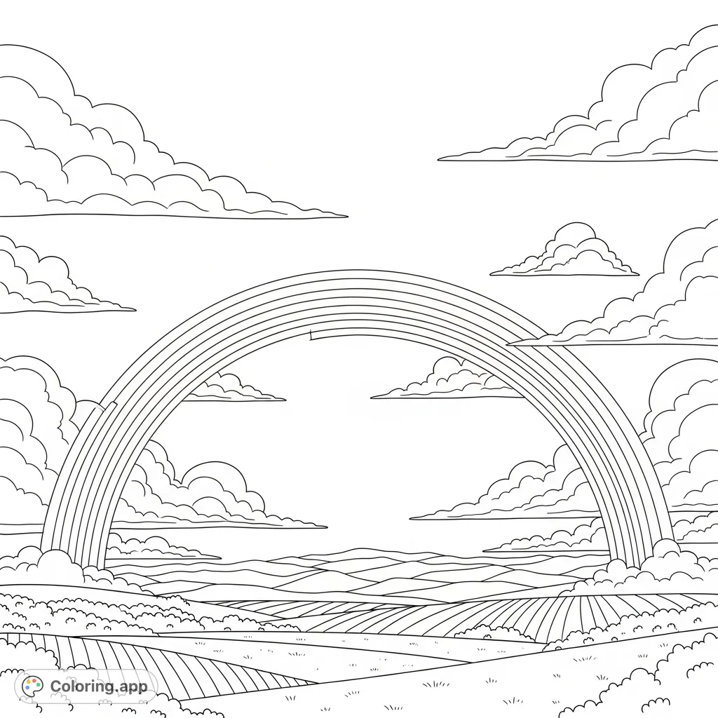 A beautiful arching rainbow stretches across a sky filled with fluffy clouds, offering a serene nature scene for coloring and creative expression.