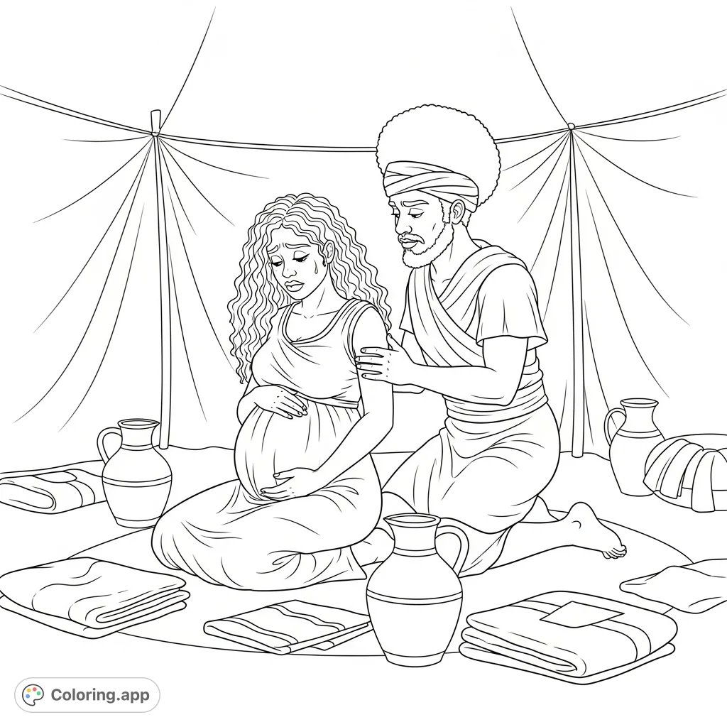 A pregnant woman with kinky hair, looking distressed, is comforted by Isaac in a tent. A poignant scene of support and anticipation.