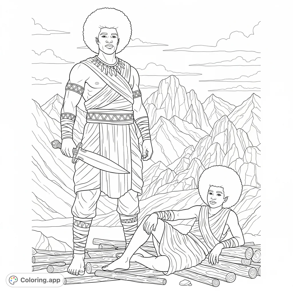 Explore a powerful scene featuring a man and a teen boy with Afros in wrapped clothing, set against a backdrop of majestic mountains. A wooden dagger adds intrigue.