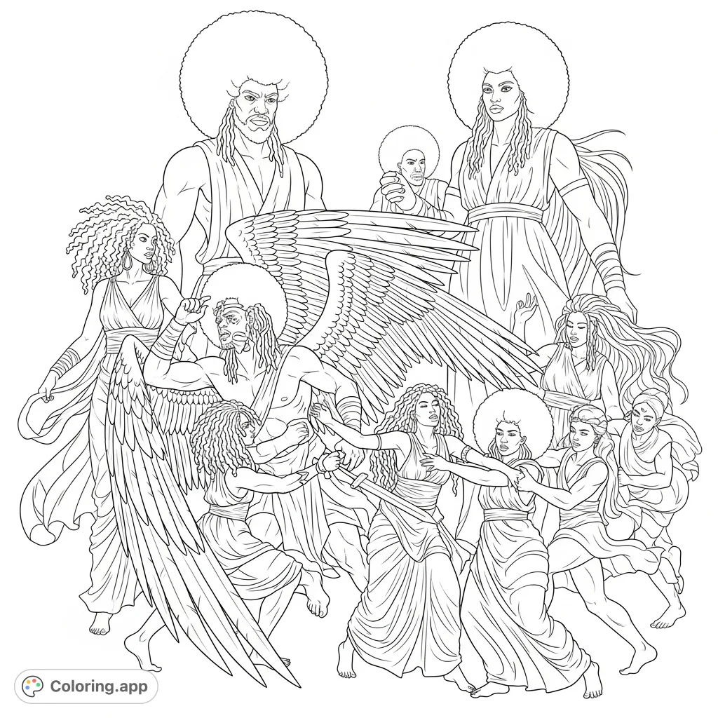 An epic mythological battle scene featuring powerful figures with Afros and wings, women with kinky hair and draped cloth, and giants in intense conflict.