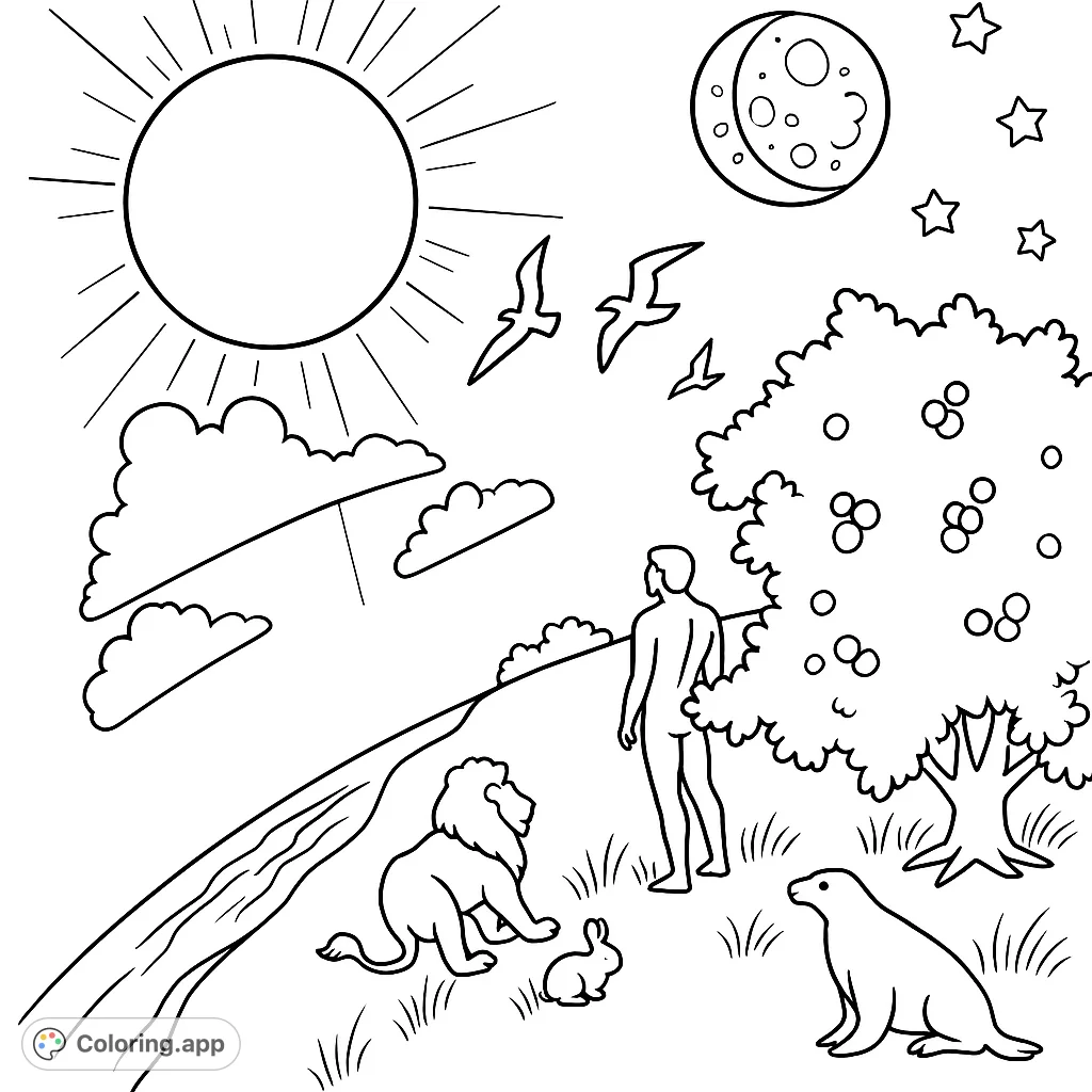 Explore a serene creation scene featuring a human figure, various animals, and celestial bodies, perfect for a peaceful coloring experience.