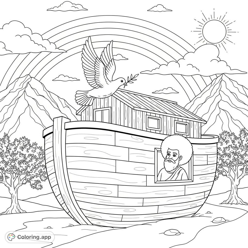 A captivating Noah's Ark coloring page featuring Noah, a dove with an olive branch, and a hopeful landscape with mountains and a rainbow.