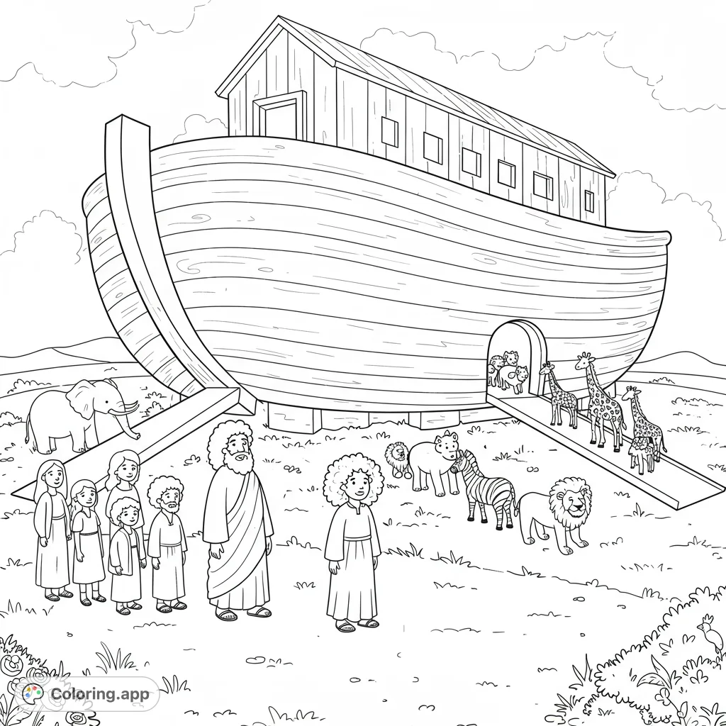 A detailed Noah's Ark scene featuring Noah, his family, and a grand procession of animals entering the massive ark, set against a vast landscape.