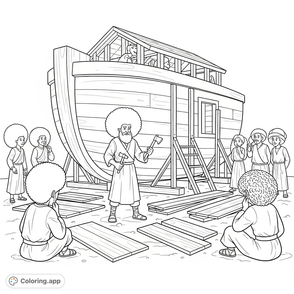 A powerful Noah with an Afro diligently constructs the Ark, surrounded by a community of people with Afros observing his monumental task. A detailed biblical scene.