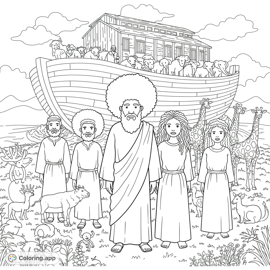 Embark on a biblical journey with Noah, his family, and a grand ark filled with diverse animals. A detailed scene for mindful coloring.