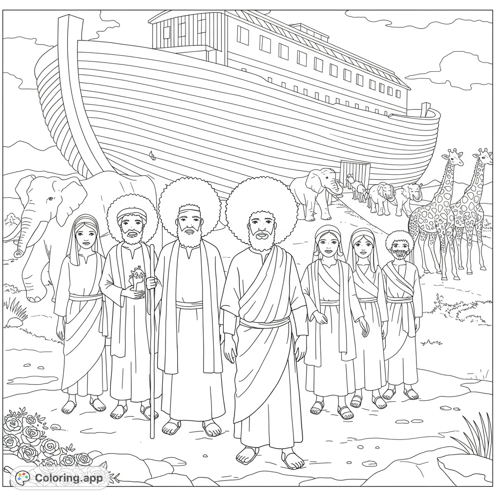 A unique Noah's Ark coloring page featuring Noah, his family with distinct hair and draped clothing, and pairs of animals approaching the grand ark.