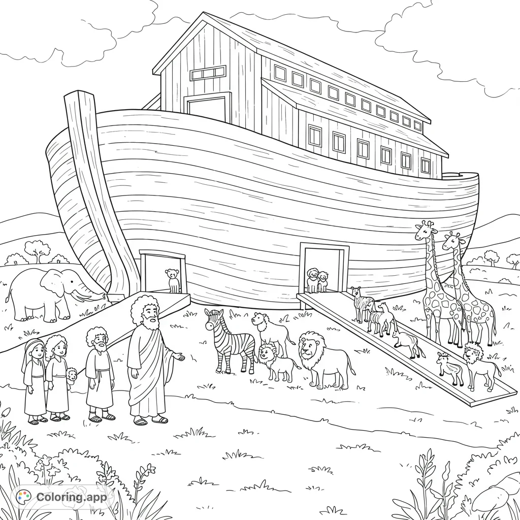A detailed Noah's Ark coloring page featuring Noah, his family with distinct hairstyles, and a grand procession of animals entering the massive vessel.