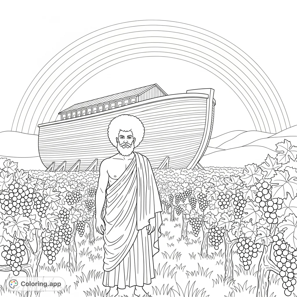 Discover Noah with an Afro, tending a lush vineyard, with the majestic Ark and a grand rainbow in the background. A scene of peace and new beginnings.