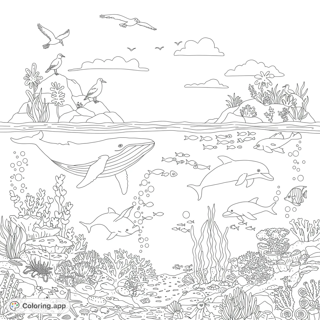 Explore a captivating scene where soaring birds meet playful sea creatures in a dynamic ocean environment, perfect for a relaxing coloring adventure.