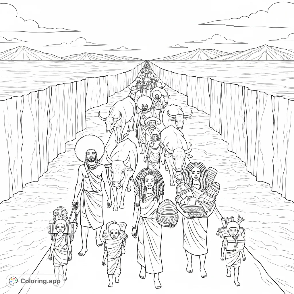 Experience an epic journey as a vast sea parts, revealing a path for people with Afros and kinky hair, guiding animals and carrying treasures through towering water walls.