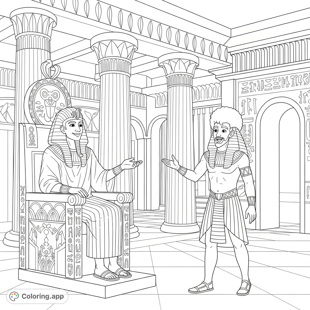 An intricate Pharaoh and Joseph coloring page depicting a smiling pharaoh on his throne, conversing with an excited Joseph in a grand Egyptian palace.