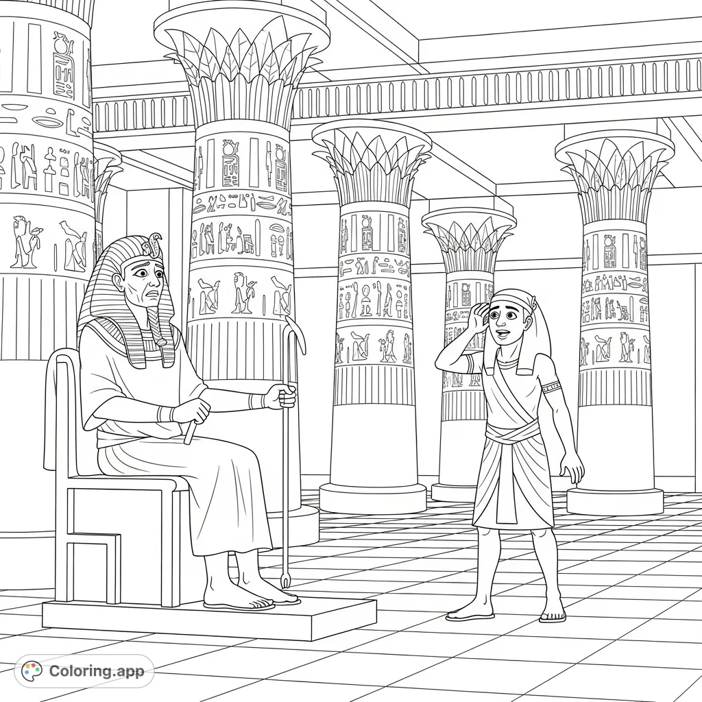 Explore an ancient Egyptian palace scene featuring a confused pharaoh on his throne and an excited worker. A detailed free printable Egyptian coloring page.