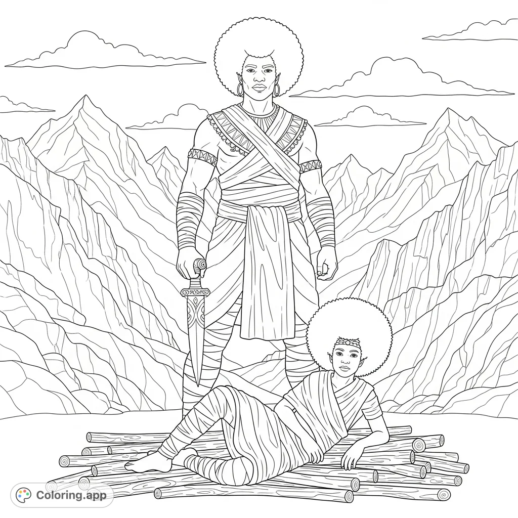 Explore a powerful man with an Afro and a teen boy amidst a majestic mountain range. Intricate clothing and natural textures offer a captivating coloring experience.
