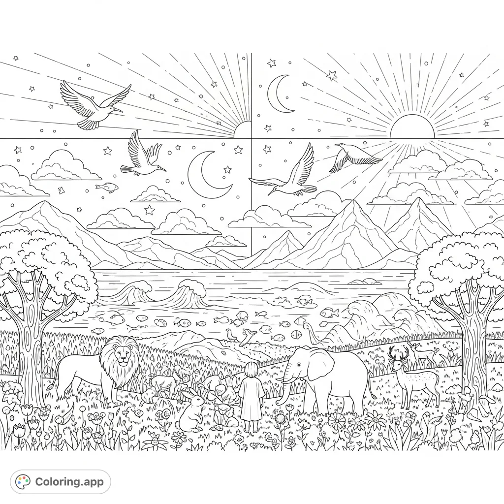 A whimsical scene depicting the 7 days of creation, featuring light, sky, land, plants, animals, and a child. Perfect for young colorists!