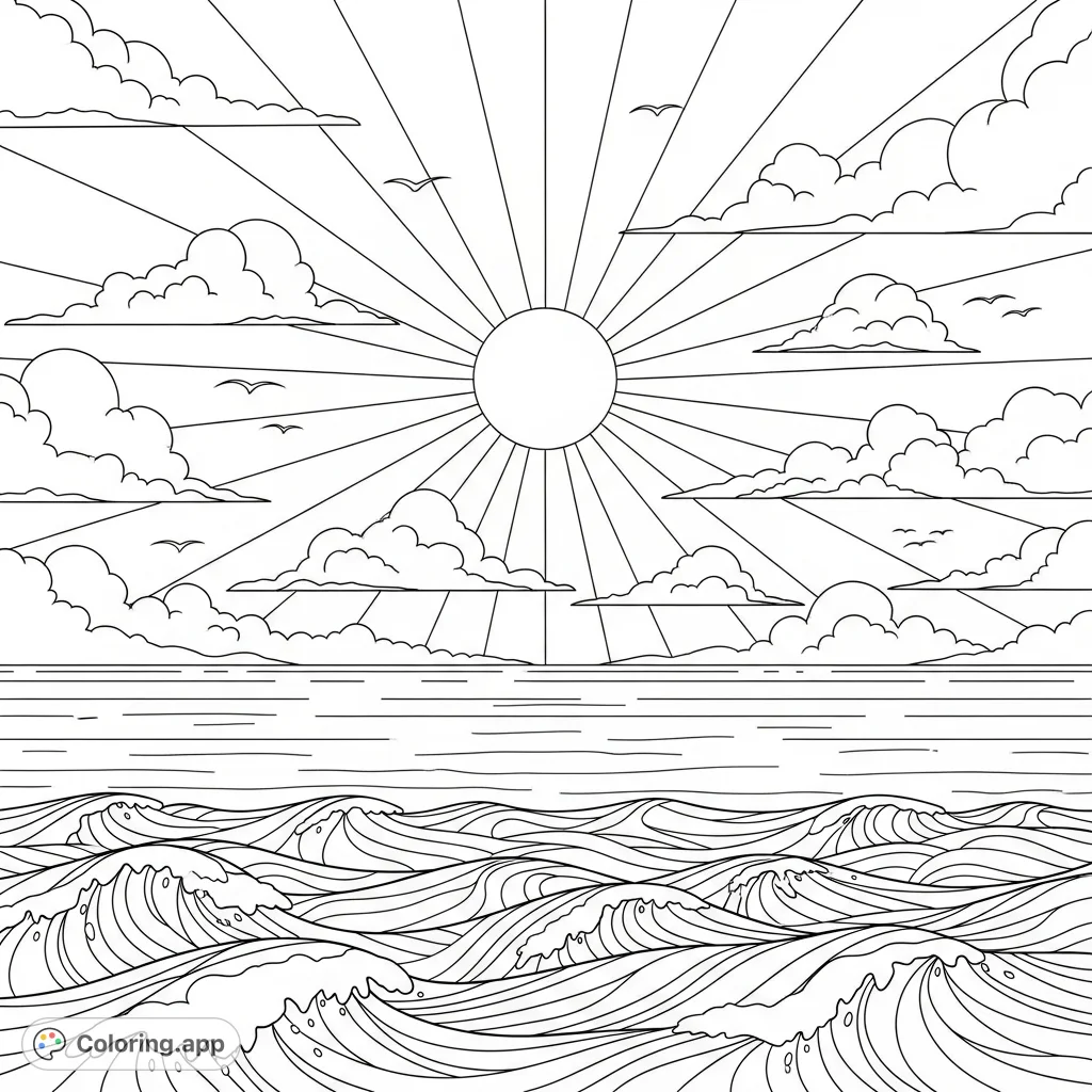 Immerse yourself in a serene sky and sea coloring page featuring a radiant sun, fluffy clouds, and rolling waves. A perfect escape for all ages.