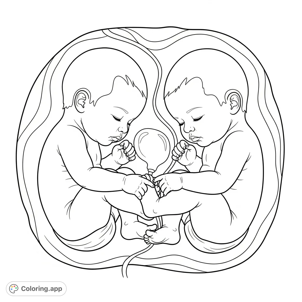 A tender twin babies womb coloring page depicting two infants in a gentle embrace within the protective womb, symbolizing early connection and new life.