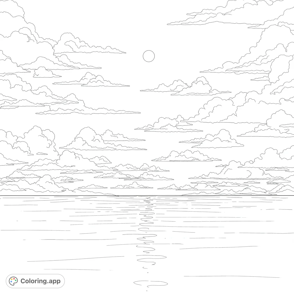 Explore a serene sky and water scene, perfect for blending and creating atmospheric effects. A free printable coloring page for all ages.