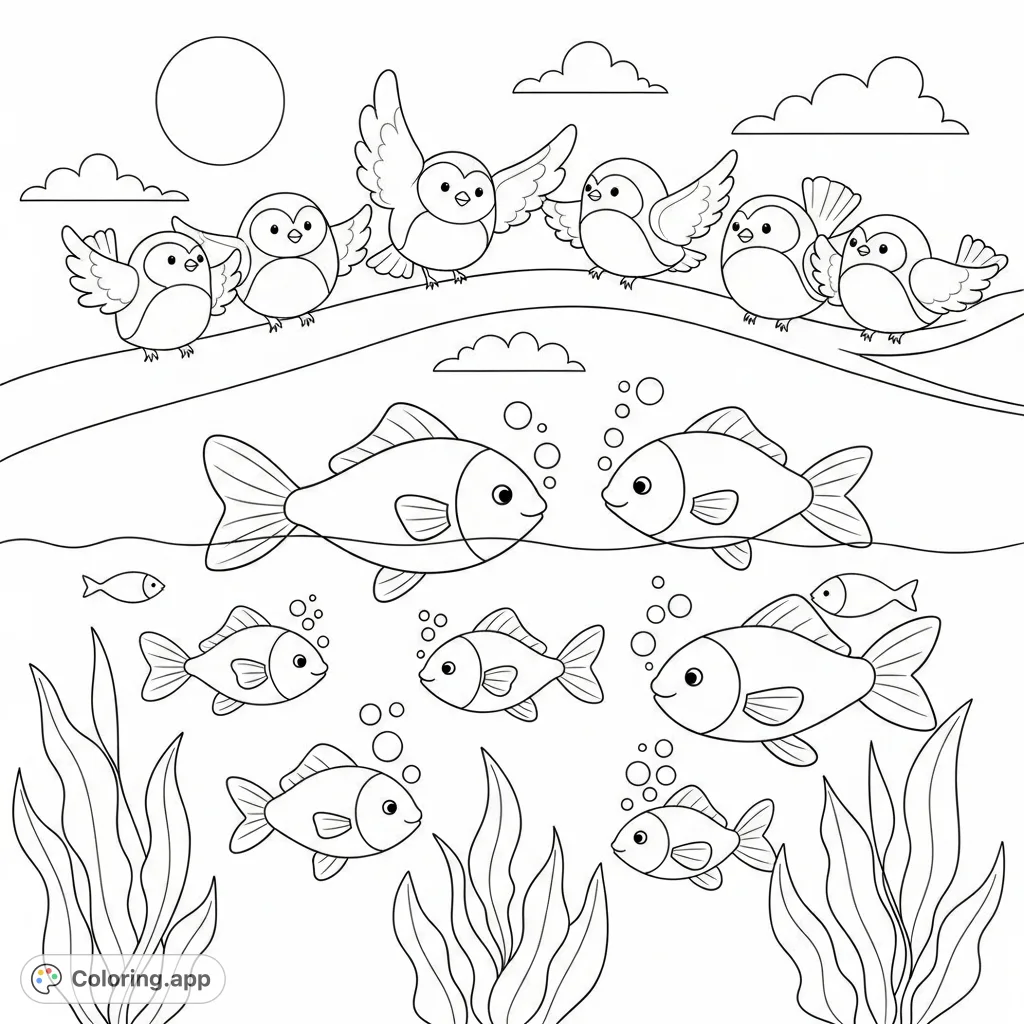 A delightful coloring page featuring charming, rounded fish swimming and plump birds flying or perching, perfect for a baby book. Gentle aquatic plants and fluffy clouds complete the scene.
